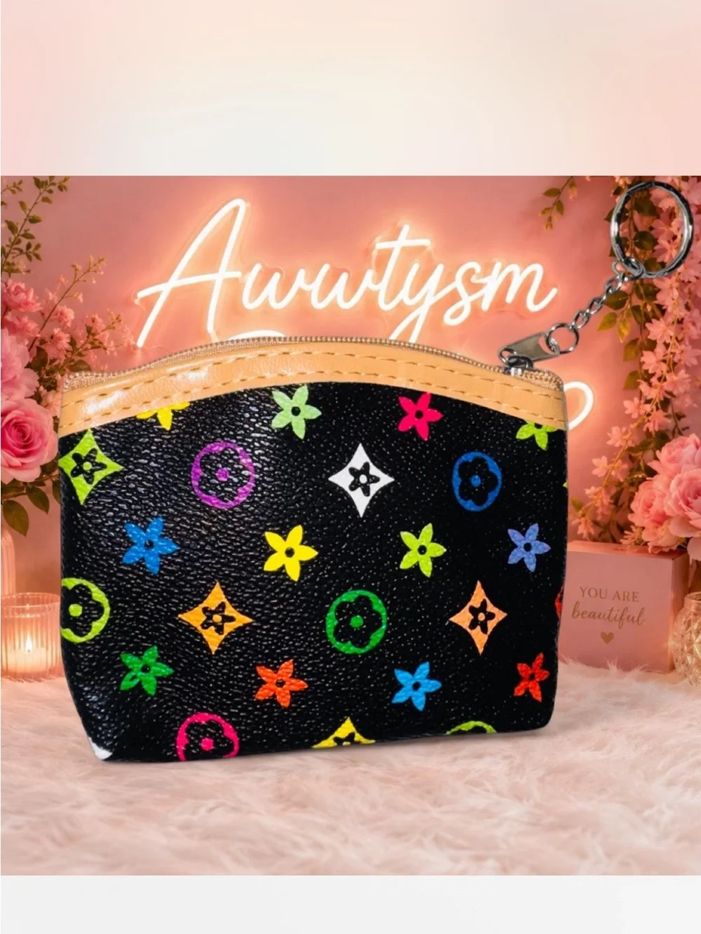 2/ Multicolor Monogram Zip Pouch - Women's Wristlet Coin Purse